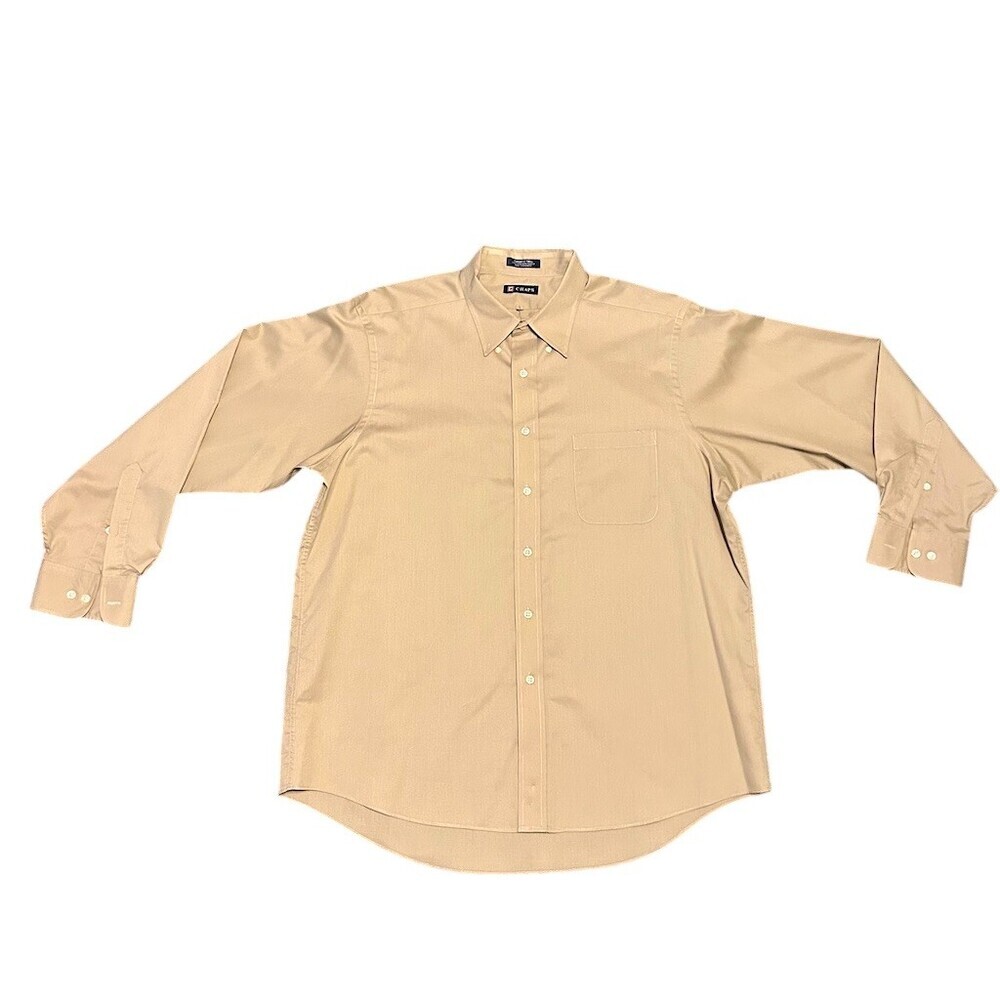 CHAPS Dress Shirt Mens 17-17.5 34-35 Beige Solid Classic Fit Button Up - Picture 2 of 5